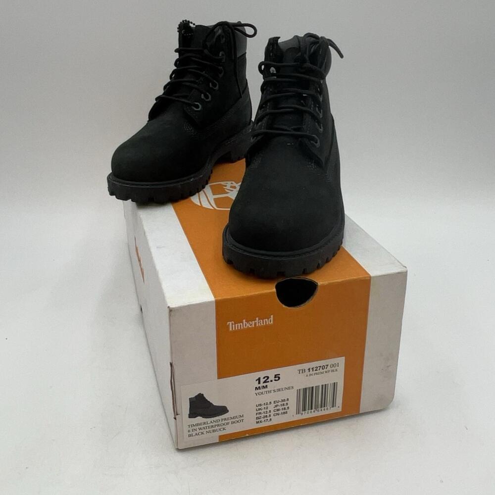 Timberland Premium 6 In Waterproof Boots Kids Size 12.5 Black Nubuck Lace Up